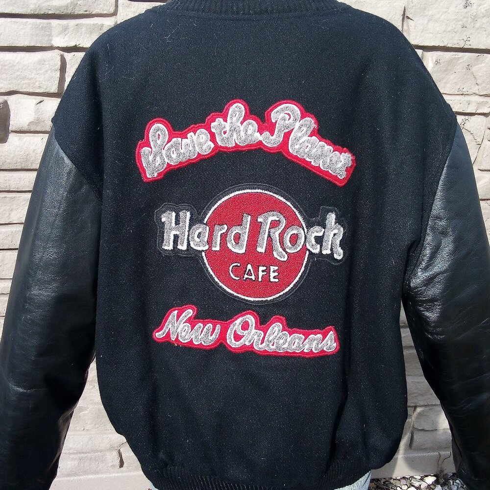 Vintage Mens XL Hard Rock Cafe New Orleans Bomber Jacket Leather Varsity Y2K 90s
